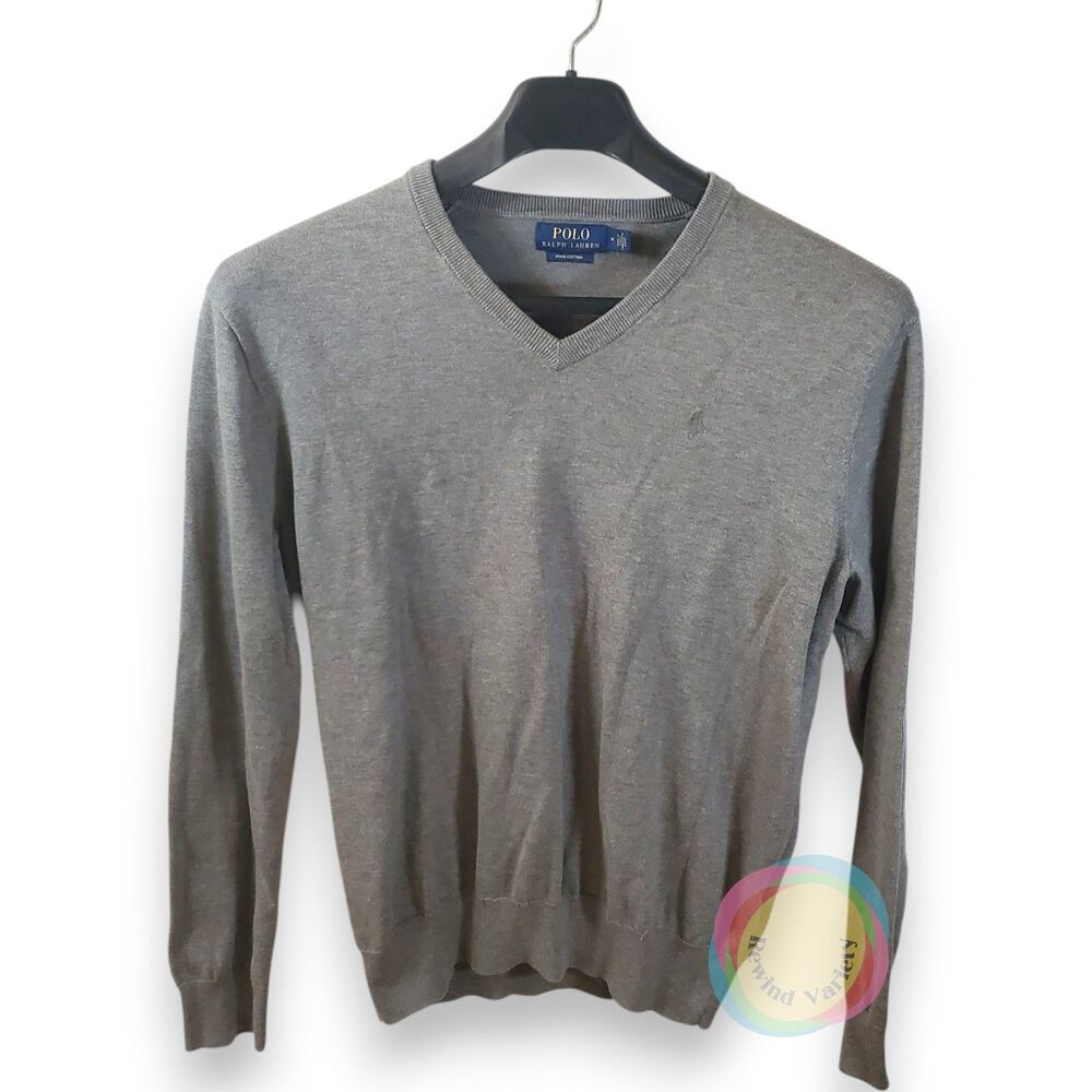 Polo Ralph Lauren Mens Medium Gray Pima Cotton V-Neck Sweater Slim